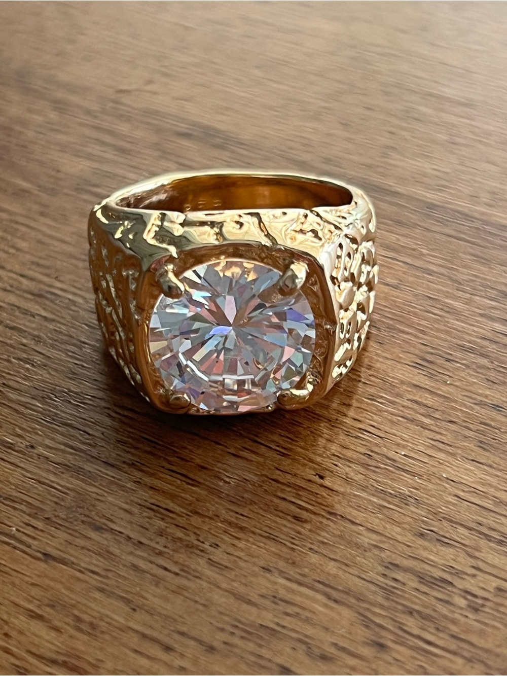 Heavy 28 gram Gold Nugget Statement Ring size 11.5 Faux Diamond